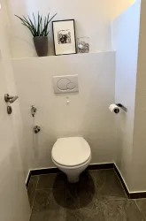 Ein modernes WC mit minimalistischer Gestaltung und dunkelgrauem Fliesenboden. An der Wand sind eine Pflanze und ein gerahmtes Bild dekoriert.