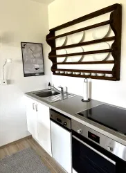 Eine moderne Küche mit einem Waschbecken und einem Kochbereich. An der Wand befindet sich ein hölzernes Regal mit Tellern und ein Kunstbild.