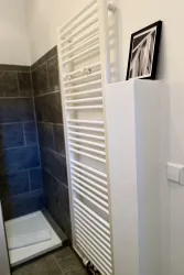 Ein modernes Badezimmer mit einem Handtuchheizkörper und einer Dusche. An der Wand hängt ein gerahmtes Bild.