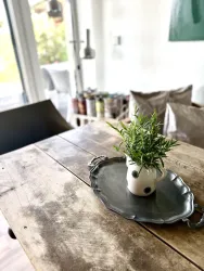 Ein Holztisch mit einem eleganten silbernen Tablett. Darauf steht eine kleine Pflanze in einer Tasse.