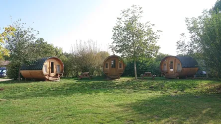 Drei runde Holzunterkünfte stehen auf einer Wiese, umgeben von Bäumen. Der Himmel ist klar und die Landschaft wirkt einladend.