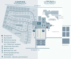 Eine Übersichtskarte des Campingplatzes im Klingbachtal und des Freibades. Der Plan zeigt verschiedene Einrichtungen, Parkplätze und Freizeitangebote.