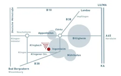 Eine Karte von Ingenheim mit wichtigen Straßen und benachbarten Städten. Die Standorte sind deutlich markiert, einschließlich Edeka und der Straßenverbindungen.