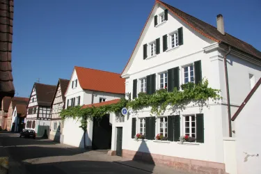 Ein charmantes Haus mit weißen Wänden und grünen Fensterläden. Im Hintergrund sind weitere traditionelle Gebäude und blauer Himmel zu sehen.