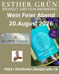 Ein Plakat für eine Weinfeier mit dem Titel "Wein Feier Abend" am 20. August 2026. Es zeigt das Logo von "Esther Grün" und Informationen zu Ort und Uhrzeit.