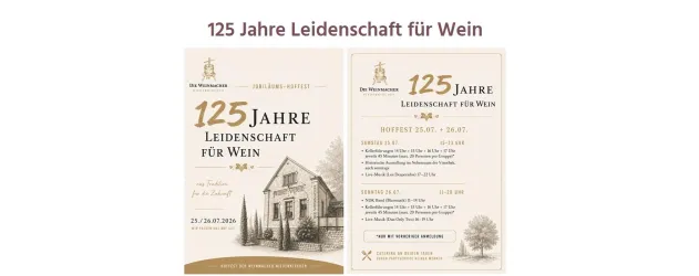 125 Jahre Leidenschaft für Wein wird gefeiert. Die Einladung zeigt eine stilvolle Gestaltung mit Informationen zur Veranstaltung.