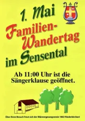 Ein buntes Plakat für den Familien-Wandertag am 1. Mai im Sensental. Es informiert über die Öffnung der Sängerklause ab 11:00 Uhr.