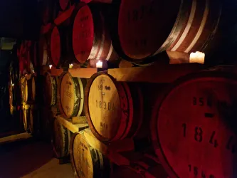 Geräumiger Weinkeller mit einer Wand aus Holzfässern. Sanftes Licht von Kerzen schafft eine gemütliche Atmosphäre.