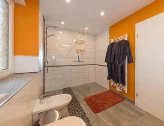 Ein modernes Badezimmer mit einer begehbaren Dusche und einem Handtuchhalter. Die Wände sind in einem frischen Orange und es liegt ein runder Teppich auf dem Boden.