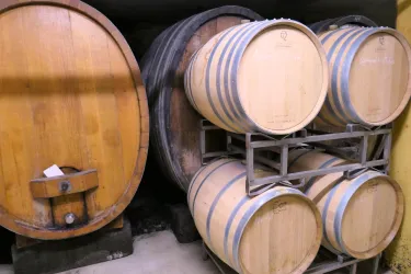Ein Keller mit großen Holzfässern, die zur Lagerung von Wein verwendet werden. Die Fässer sind auf einem Gestell gestapelt und stehen an der Wand.