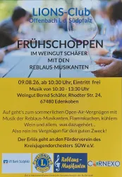 Ein Plakat des Lions-Clubs Offenbach mit Informationen zu einer Veranstaltung. Der Frühschoppen findet im Weingut Schäfer statt, Eintritt ist frei und es gibt Livemusik.