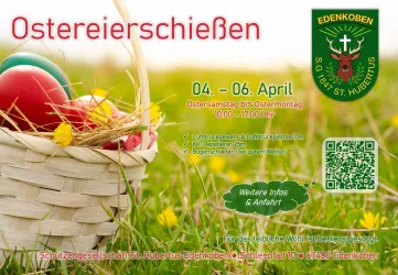 Ein Korb mit bunten Ostereiern liegt auf grünem Gras. Informationen zum Ostereierschießen in Edenkoben sind ebenfalls abgebildet.