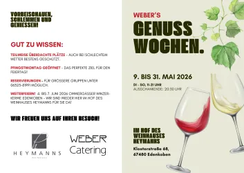 Ein Einladungskarte zu Weber's Genuss Wochen mit Informationen zu Veranstaltungen und Reservierungen. Das Datum ist vom 9. bis 31. Mai 2026, die Öffnungszeiten sind täglich von 11 bis 20 Uhr.
