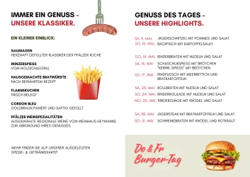 Ein Menüangebot mit verschiedenen klassischen und täglichen Highlights wie Würstchen, Pommes und Salaten. Unten rechts ist ein Burger mit dem Text "Do & Fr Burger-Tag" abgebildet.