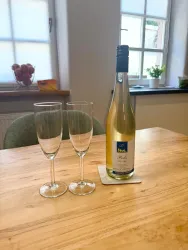 Eine Flasche Weißwein steht auf einem Holztisch neben zwei Gläsern. Im Hintergrund sind Fenster und Pflanzen zu sehen.