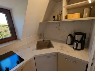 Küche mit Kochplatten, Spülmaschine, Spüle, Kaffeemaschine und Wasserkocher