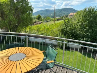 Balkon mit Aussicht über Garten, Weinreben und den Pfälzer Wald