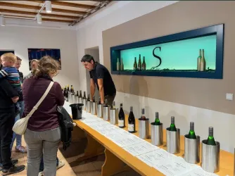 Eine Weinverkostung mit verschiedenen Weinflaschen auf einem Tisch. Eine Gruppe von Menschen hört aufmerksam einem Präsentierenden zu.