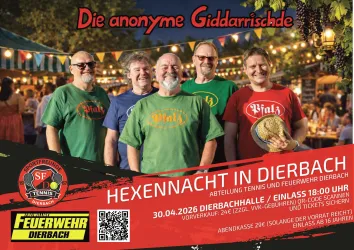 Eine Gruppe von vier Männern steht lächelnd vor einem festlich dekorierten Hintergrund. Sie tragen bunte T-Shirts und das Bild ist für eine Veranstaltung namens "Hexennacht in Dierbach" gestaltet.