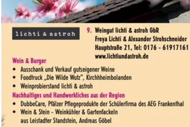 Ein Werbeflyer für einen Weingut mit Informationen zu Weinen und regionalen Produkten. Er bietet Details zu Verkostungen und einem Foodtruck.