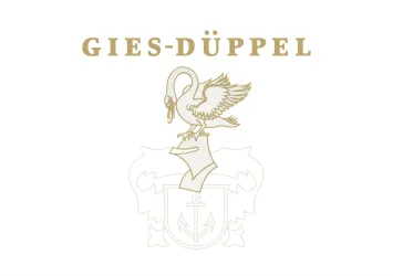 Ein Logo mit dem Schriftzug "GIES-DÜPPEL" und einer stilisierten Abbildung eines Schwans. Das Design ist einfach und elegant, in einer neutralen Farbpalette.