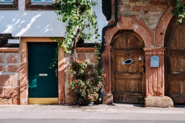 Ein charmantes Haus mit einer grünen Tür und einer altmodischen Holztür. An der Wand wachsen Pflanzen und Blumen, die der Szene Farbe verleihen.