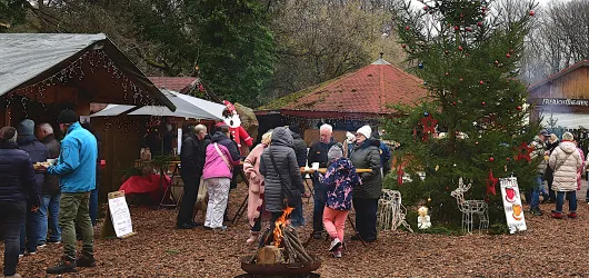 Eine festliche Weihnachtsmarkt-Szene mit Menschen, die um Stände und einen Weihnachtsbaum versammelt sind. Ein Lagerfeuer sorgt für eine gemütliche Atmosphäre.