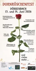 Ein Plakat für das Dornröschenfest in Dörrenbach mit wichtigen Informationen. Es zeigt eine stilisierte Rose und beschreibt Veranstaltungen wie Straßen-Theater und Tombola.