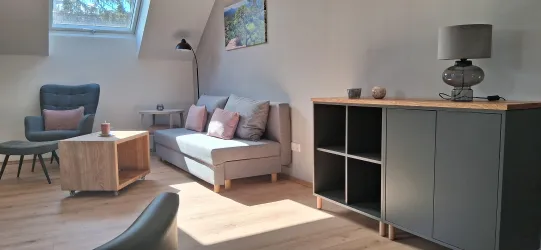 Ein helles und modernes Wohnzimmer mit einem Sofa, einem Sessel und einem Regal. Der Raum ist freundlich und einladend, mit natürlichem Licht, das durch das Fenster strömt.