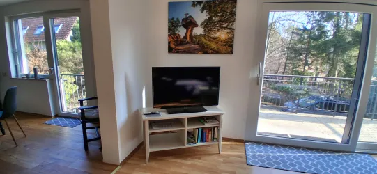 Ein helles Wohnzimmer mit einem Fernseher und einer weißen TV-Bank. Durch das Fenster sieht man Bäume und eine sonnige Terrasse.