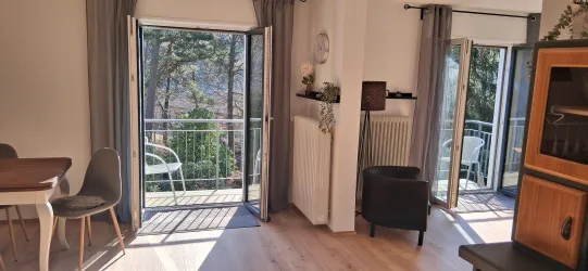 Eine helle und moderne Wohnung mit großen Fenstern. Der Balkon bietet einen Blick auf die Bäume draußen.
