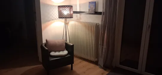 Ein gemütlicher Sessel steht in einer dunklen Ecke, beleuchtet von einer Stehlampe. Im Hintergrund ist ein Heizkörper und ein Fenster zu sehen.