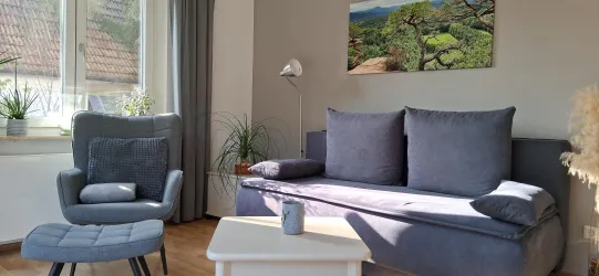 Ein gemütliches Wohnzimmer mit einem blauen Sofa und einem Sessel. An der Wand hängt ein Bild von einer grünen Landschaft.