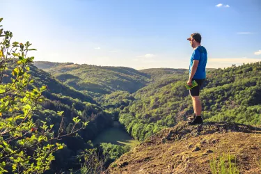 Wanderer genießt Ausblick über das Pfälzer Bergland