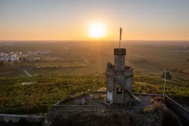 Sonnenaufgang Flaggenturm bei Bad Dürkheim mit Blick über die Rheinebene