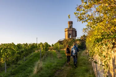 Zwei Wanderer auf dem Weg zum Flaggenturm bei Bad Dürkheim