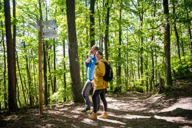 Zwei Wanderer auf dem Ganerbenweg im Pfälzerwald