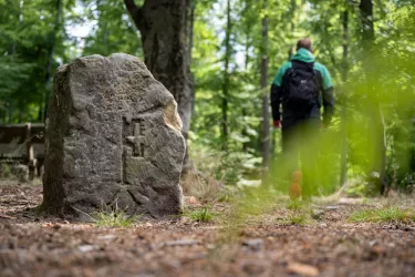 Wanderer passiert historischen Grenzstein mit Petrusschlüssel im Pfälzerwald