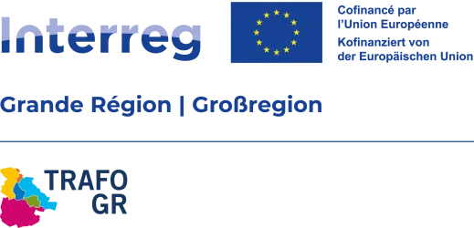 Logo des Interreg TRAFO GR Programms mit einer stilisierten Karte der Großregion, der Europa-Flagge und dem Schriftzug „Kofinanziert von der Europäischen Union".