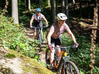 Zwei Personen fahren mit ihrem Mountainbike durch den Pfälzerwald