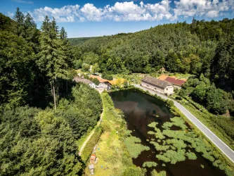 An einem Waldsee gelegene Höfe und alte Fachwerkhäuser im Tal inmitten des Pfälzerwaldes.