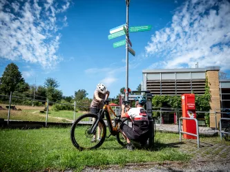 Zwei Personen werkeln an einem Mountainbike an der Radservicestation am Haus der Nachhaltigkeit.