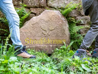 Zwei Personen Wandern an einem Brunnenstein aus Sandstein vorbei. Auf dem Brunnenstein steht Straufelsbrunnen geschrieben.
