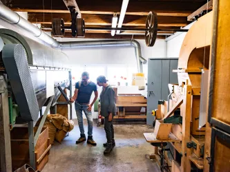 Zwei Personen sehen sich die Ausstellungsstücke im Museum Alte Samenklenge an während ein Gästeführer sie durch das Museum begleitet.