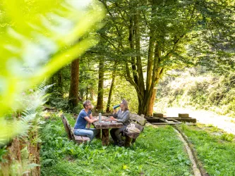 Zwei Personen rasten auf einem Rastplatz mitten im Grün beim Straufelsbrunnen am Brunnenwanderweg in Esthal.