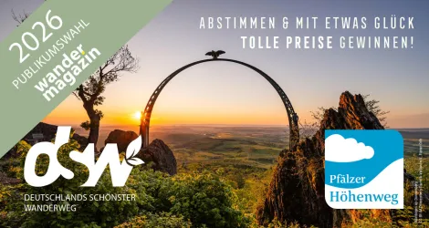 Ein Foto vom Adlerborgen und Informationen zur Abstimmung zu Deutschlands Schönstem Wanderweg für den Pfälzer Höhenweg