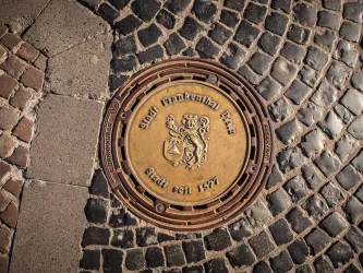 Das Wappen der Stadt Frankenthal ziert einen Kanaldeckel auf einer Backsteinstraße.
