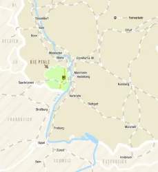 Eine Karte der Pfalz und der Deutschen Weinstraße sowie der umliegenden Regionen.