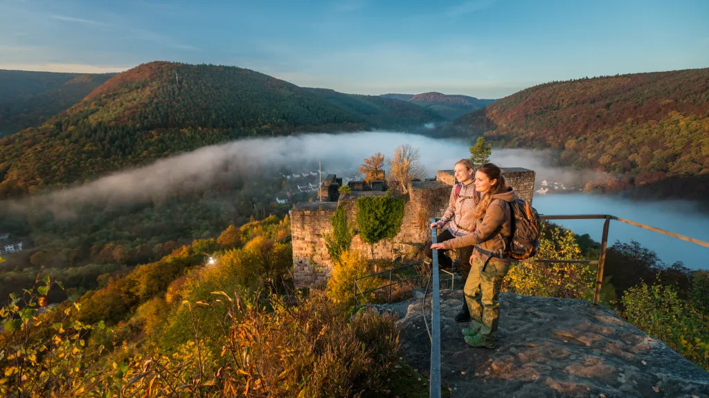 Wanderer genießen den Ausblick an der Wolfsburg