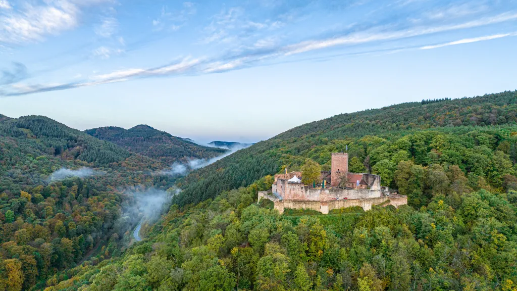 Die Burg Landeck im Pfälzerwald gelegen aus der Vogelperspektive.